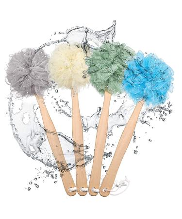 4-Piece Loofah Back Scrubber Set with Wooden Handle | Long Handled Bath Sponge for Exfoliation | Shower Body Brush for Men and Women | White, Grey, Blue, Green - Buy Online on GoSupps.com