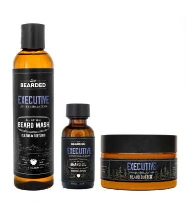 Live Bearded: 3-Step Beard Grooming Kit - Executive - Beard Wash Beard Oil and Beard Butter - All-Natural Ingredients with Shea Butter Jojoba Oil and More - Beard Growth Support - Made in The USA Classic Executive - Leather Vanilla Cedar