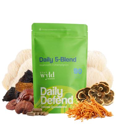 Stay Wyld Organics - Daily Immunity Mushroom Blend 100% Canadian Grown Mushrooms Supplement Organic Mushroom Mix Lion's Mane Chaga Reishi Turkey Tail Cordyceps - 90 Capsules Pouch