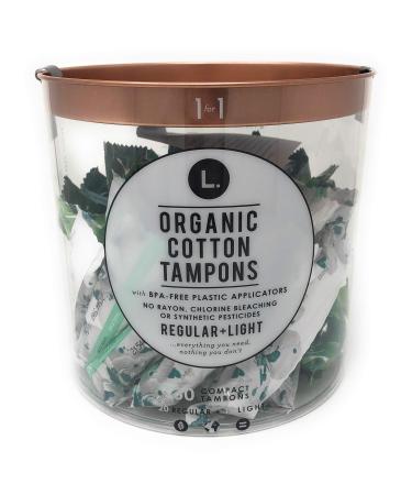 L. Organic Cotton Tampons 20 Regular 10 Light (30 Compact Tampons Total) with BPA-Free Plastic Applicators