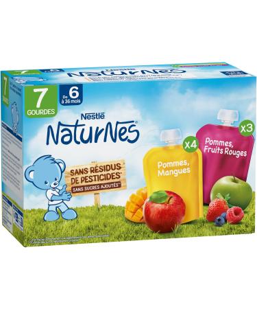 NESTL B B - GOURDES POMMES MANGUES/POMMES FRUITS ROUGES DES 6 MOIS 7x90g Pomme mangue/pomme fruits rouges 7x90g