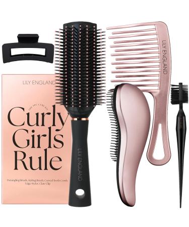 Lily England Curly Hair Brush Set - For Kids & Women includes Detangle Hair Brush Curl Brush Wide Tooth Comb Edges Brush & Claw Clip - The Ideal Curly Hair Gift Set for Women Black