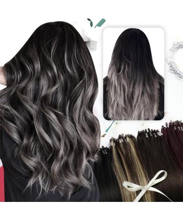 Moresoo Microring Extensions Real Hair - 50cm Black Silver Ombre Loop Extensions | Thick Remy Hair - #1B Natural Black with #Silver - Buy Online on GoSupps.com