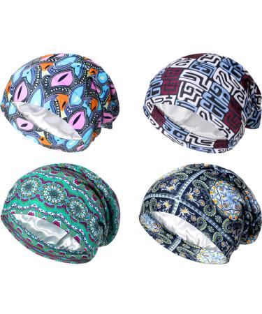 4 Pieces Satin Lined Sleep Cap Double Layer Silk Sleeping Bonnet Slouchy Beanie Slap Hat for Women Curly Hair Blue Lattice Green Stripe Blue and Pink Navy