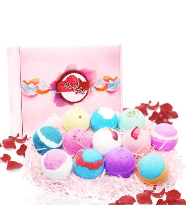 Rosy Lux Bath Bombs 12 Scents with Dried Rose Petals (1 pack)- Bubble and Spa Bath with Essential Oils for Skin Moisturization  Relaxation  Health Benefits  Perfect Bath Bomb Gift for Women