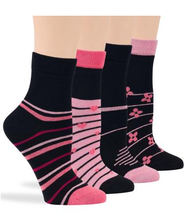 Women's Cotton Diabetic Quarter Novelty Socks - 4 Pack | Large Size 10-12 | Heart Stripe Flower Designs | Comfortable & Stylish Socks for Shoe Size 8-12 - Buy Online on GoSupps.com