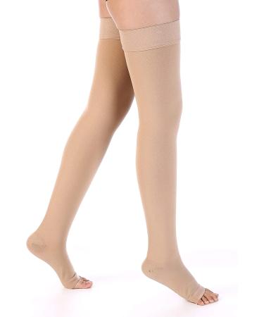 Leotruny Open Toe Thigh High Compression Stockings - 20-30 mmHg Support - Beige, Large (1 Pair) - Buy Online on GoSupps.com