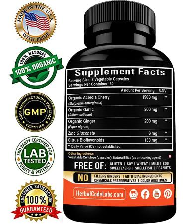 Organic Acerola Cherry Vitamin C with Garlic, Ginger & Citrus Bioflavonoids - Immune Support & Collagen Booster - Buy Online on GoSupps.com