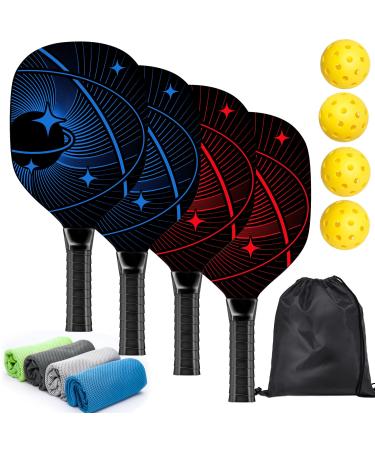 Pickleball Paddles, Pickleball Set with 4 Premium Wood Pickleball Paddles, 4 Pickleball Balls, 4 Cooling Towels & Carry Bag, Pickleball Rackets with Ergonomic Cushion Grip, Gifts for Men Women A: 4 Paddles & 4 Balls & 4 Cooling Towels