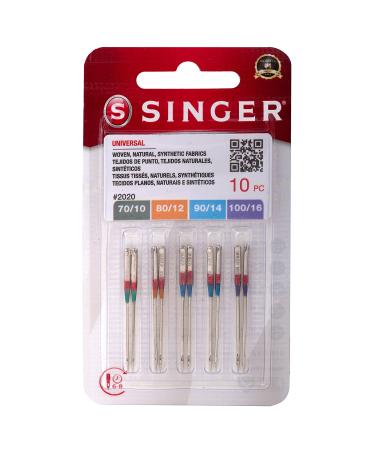 Singer 10-Pack Universal 2020 Sewing Machine Needles, Assorted, Size 70/10, 80/12, 90/14, 100/16