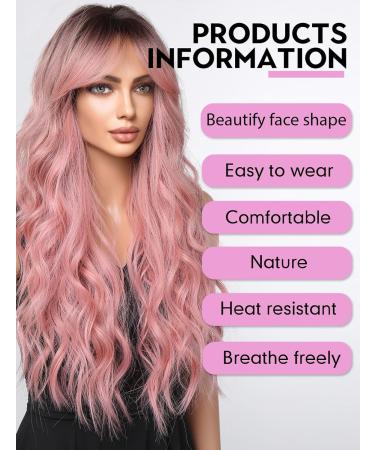 Wokestar Long Pink Synthetic Hair Wig with Curtain Fringe for Women - Buy Online on GoSupps.com