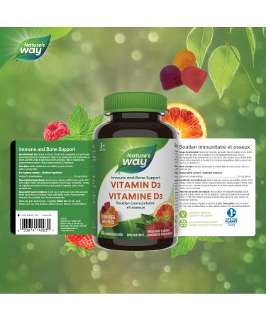 Nature's Way Vitamin D Gummies - Immune and Bone Support - 1000 IU Vitamin D3 per gummy - Strawberry Peach and Mango Flavoured Gummies - 60 Gummies - Buy Online on GoSupps.com