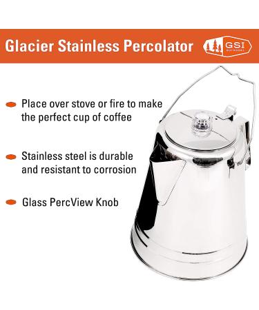 GSI Outdoors Percolator Coffee Pot | Glacier Stainless Steel | Ultra-Rugged for Stove and Fire | Ideal for Group Camping | 8 Cup - Buy Online on GoSupps.com