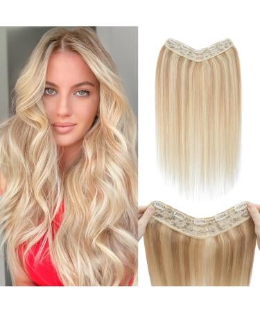 Benehair Clip in Human Hair Extensions One Piece Real Human Clip in Hair Extensions 14 Inches 55g Camel Mixed Light Blond Real Human Hair Extension Upgraded V Type Clip in Hair Extension for Women