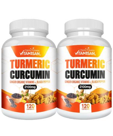 VITAMISAN Turmeric Curcumin 2100mg with Ginger & Black Pepper 2 Pack (120 Capsules Each) Herbal Supplement for General Wellness Non-GMO Made in USA