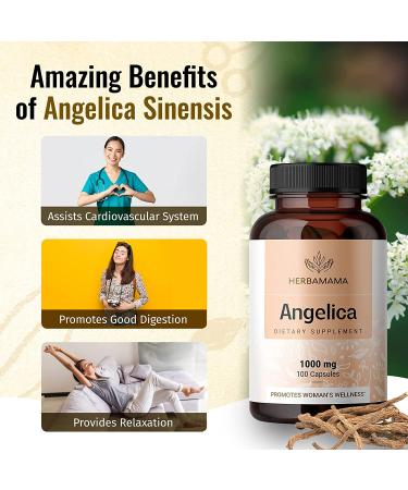HERBAMAMA Angelica Capsules - Digestive Health, Heart & Blood Circulation Support - for Women with Dong Quai Root - Gluten Free, Vegan, Non-GMO - 1000mg 100 Caps - Buy Online on GoSupps.com