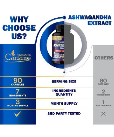 Organic Cadane Ashwagandha Supplements - Memory Immune System & Strength Support - 7in1 Concentrated with Turmeric Maca Root Berberine & More - 90 Vegan Capsules for 3-Month Supply - Buy Online on GoSupps.com