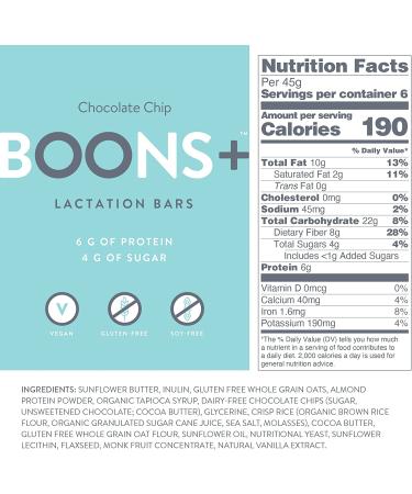 Boons+ Vegan Lactation Bars Chocolate-Chip (6x45g) - Supports Lactation, 6g Protein, 4g Sugar, Vegan, Gluten/Soy-Free - Buy Online on GoSupps.com