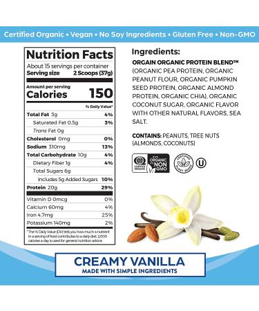 Orgain Simple Organic Vegan Vanilla Protein Powder - 20g Plant Based Protein, Fewer Ingredients, Dairy-Free, Gluten-Free, Non-GMO - 1.25lb - Buy Online on GoSupps.com