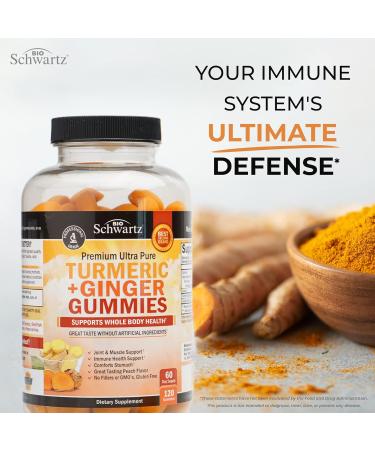 Turmeric Curcumin Ginger Gummies - 120 Count - Vegan Joint Support Supplement - Non-GMO & Made in USA - Peach Flavor - 60 Day Supply - Buy Online on GoSupps.com