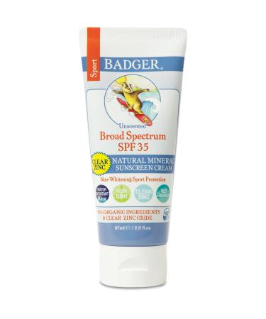 Badger Company Sport Natural Mineral Sunscreen Cream Clear Zinc SPF 35 Unscented 2.9 fl oz (87 ml)