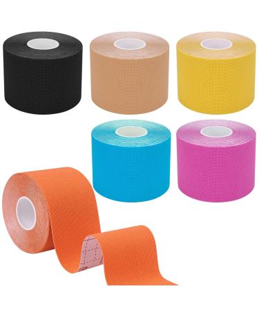 6 Rolls Kinesiology Tape, Breathable Cotton Sports Tape, Athletic Elastic Kneepad Muscle Pain Relief Knee Tape For Gym Running Football, Uncut Per Roll 16.4ft/5m-Skin, Pink, Blue, Black, Orange,Yellow