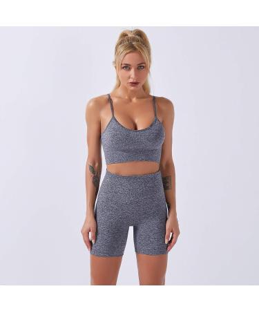 Women Seamless Yoga Outfits 2 Piece Set | Short Sleeve Crop Top & High Waisted Shorts | Activewear Set - Gray (Large) - Buy Online on GoSupps.com