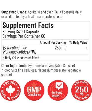 Arcwell NMN (Nicotinamide Mononucleotide) 250 mg per Capsule | NAD+ Boost Supplement for Healthy Aging & Energy Production | High Purity 99.8% | Made in Canada (60 day supply) 1 count (Pack of 60) - Buy Online on GoSupps.com