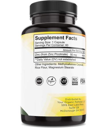 Organic Zinc Picolinate 50mg Capsules - Immune Health Support - Non-GMO Antioxidant - 60 Count - Buy Online on GoSupps.com