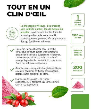 vit4ever Poudre d ac rola & cynorrhodon 300 g r serve de 6 6 mois 200 portions avec 1500mg d extrait dont 485mg de vitamine C naturelle base d ac rola et de cynorrhodon vegan sans additifs 300 g (Lot de 1) - Buy Online on GoSupps.com