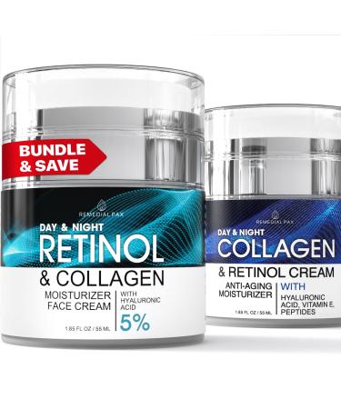 Retinol & Collagen Face Cream Bundle Anti Aging Moisturizer Set with Hyaluronic Acid for Women & Men Day & Night Firming Cream for Face Neck & D collet Wrinkles & Hydration 1.85 Fl Oz x 2