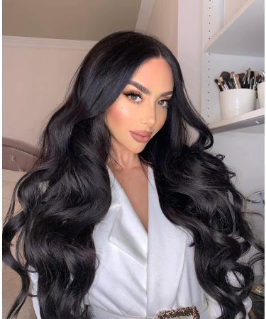GDWIGS Long Black Wig Lace Front Wig Middle Part Wigs For White Women Natural Looking Black Curly Wig Synthetic Heat Resistant Fiber Wig for Daily Party Use