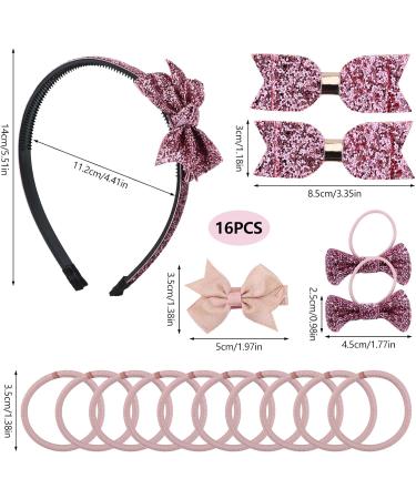 Bekecidi 16 Pieces Bow Hair Accessories Set Bow Hairpin Sequins Bow Hair Clips Bow Rubber Band Bow Headband for Girls Kids Pink - Buy Online on GoSupps.com