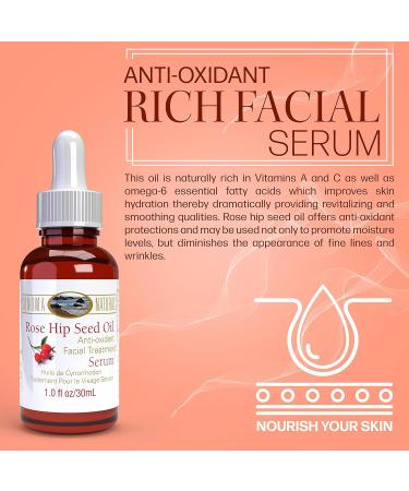 Rosehip Oil Facial Serum - Anti-Oxidant Rich Pore Minimizer | Skin Moisturizing Face Oil for All Skin Types - 1.0 Fl Oz/30ml - Buy Online on GoSupps.com