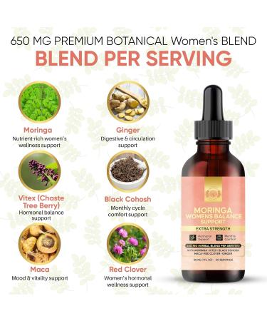Moringa Women s Balance Support Extract Multi-Herb Botanical Drops with Vitex Black Cohosh Maca Red Clover & Ginger | 650 MG Plant-Based Herbal Wellness Blend - Buy Online on GoSupps.com
