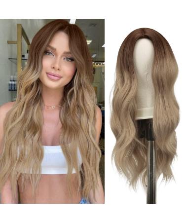 Fine long curly wig 55 cm ombre blonde wig blonde brown middle parting women wigs of course synthetic wigs women curls wavy wig party for party daily daily