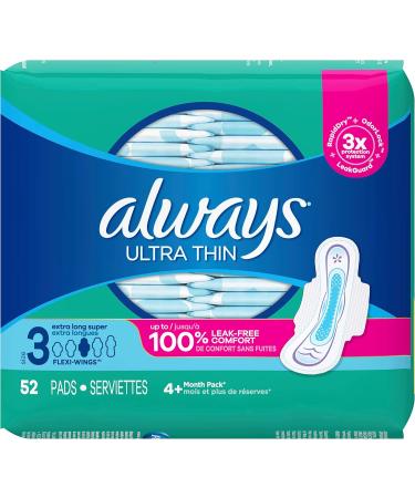 Always Ultra Thin Pads For Women Size 3 Extra Long Super Absorbency With Wings 52 Count & Ultra Thin Pads For Women Size 4 Overnight Absorbency With Wings 26 Count Size 3 (52 Count) Modern + ULTRA THIN 26 SIZE 4 - Buy Online on GoSupps.com