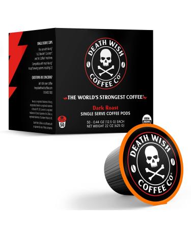 Death Wish Coffee Single Serve Pods - The Worlds Strongest Coffee - Dark Roast Coffee Pods - Made with USDA Certified Organic, Fair Trade, Arabica and Robusta Beans (50 Count) - Packaging May Vary 50 Count (Pack of 1) Dar