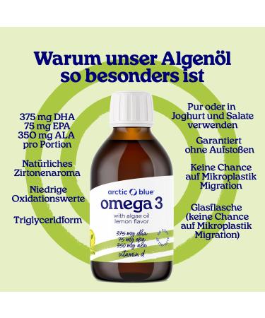 Arctic Blue Omega 3 Premium Vegan Oil - 150ml - 370mg DHA & 75mg EPA & 350mg ALA Per Serving - Contains Seaweed Oil & Hemp Oil with Vitamin - Buy Online on GoSupps.com