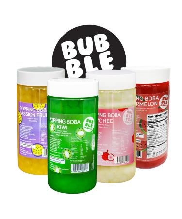 Popping Boba Fruit Pearls for Bubble Tea Mix - Pack of 4 Fruit Bursting tapioca Pearls by Bubble Mania | (Watermelon, Lychee, Kiwi, Passion fruit) Watermelon, Lychee, Kiwi, Passionfruit