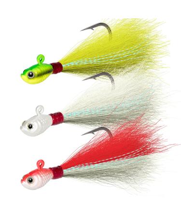 Dr.Fish 3 Pack Bucktail Jig Fluke Lure Hair Jig Saltwater Freshwater Lures Surf Fishing White Red Chartreuse Bass Flounder Striper Bluefish Halibut Redfish 1/2oz 1oz 2oz 4oz 6oz White Chartreuse Red & White (Pack of 3) 1/2 oz