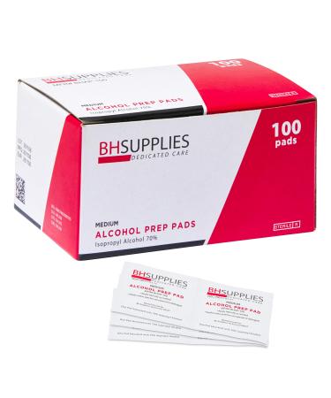 BH Supplies Alcohol Prep Pads | Medical Grade Sterile Individually Wrapped 70% Isopropyl Alcohol Medium 2-Ply 100-Pack