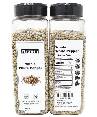 Natruen Whole White Peppercorn 18oz - Premium Grinder Refill | All Natural, Non-GMO, Vegan, Gluten Free | Kosher & Halal Compliant - Buy Online on GoSupps.com