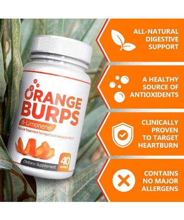 Orange Burps D-Limonene Softgels | Digestive Health Supplement | Non-Harmful Acid Reflux Relief | 500mg Easy-to-swallow Capsules | Gluten-Free - 40 Count - Buy Online on GoSupps.com