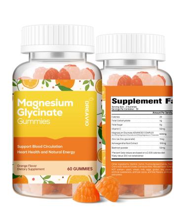 60 Count Magnesium Glycinate Gummies 400mg w/Ashwagandha Supplement - Sugar Free Zinc Magnesium Glycinate Supplement Ashwagandha Gummies for Adults