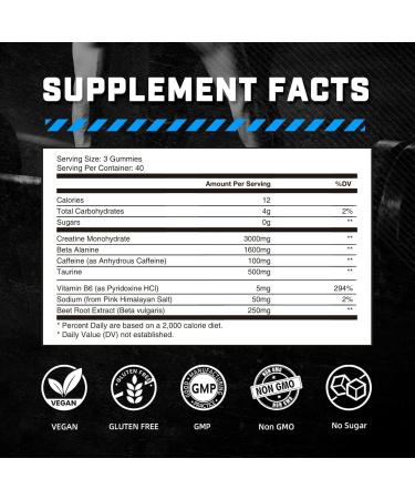 Pre Workout Gummies for Men & Women, PreWorkout with Creatine Monohydrate, Beta-Alanine,Taurine for Strength & Endurance, Energy Chews, Sugar-Free, Vegan, 120 Gummies, Blueberry Flavor Blueberry-A - Buy Online on GoSupps.com