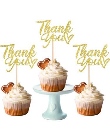 SYKYCTCY 24 Pack Thank You Cupcake Toppers Glitter Thank You Cupcake Picks Thanksgiving Day Cupcake Decorations Wedding Anniversary Birthday Party Supplies Gold