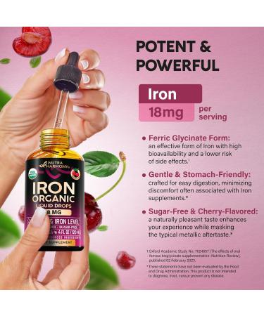 Liquid Iron Supplement for Women 18 mg - USDA Organic Drops USA-Made - with Folate Vitamin B12 & B6 - Iron Level & Energy - Gentle & High Absorption Glycinate Form - Cherry Flavor Sugar-Free 4 oz 4 Fl Oz (Pack of 1) - Buy Online on GoSupps.com