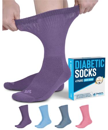 Doctor's Select Diabetic Socks for Women and Men - 4 Pairs Non Binding Socks | Diabetic Socks Women | Womens Diabetic Socks Large Light Blue Blue Purple Pink