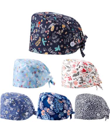 6 Pieces Scrub Caps with Buttons Women Working Cap Adjustable Sweatband Bouffant Hats (Floral Pattern) Multicoloured